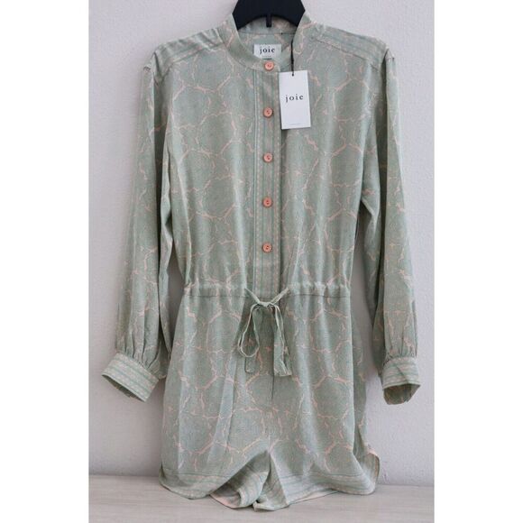 Joie 8902OP00925 Women's Sz M Green/Peach Long Sleeve Silk Romper - Picture 1 of 14